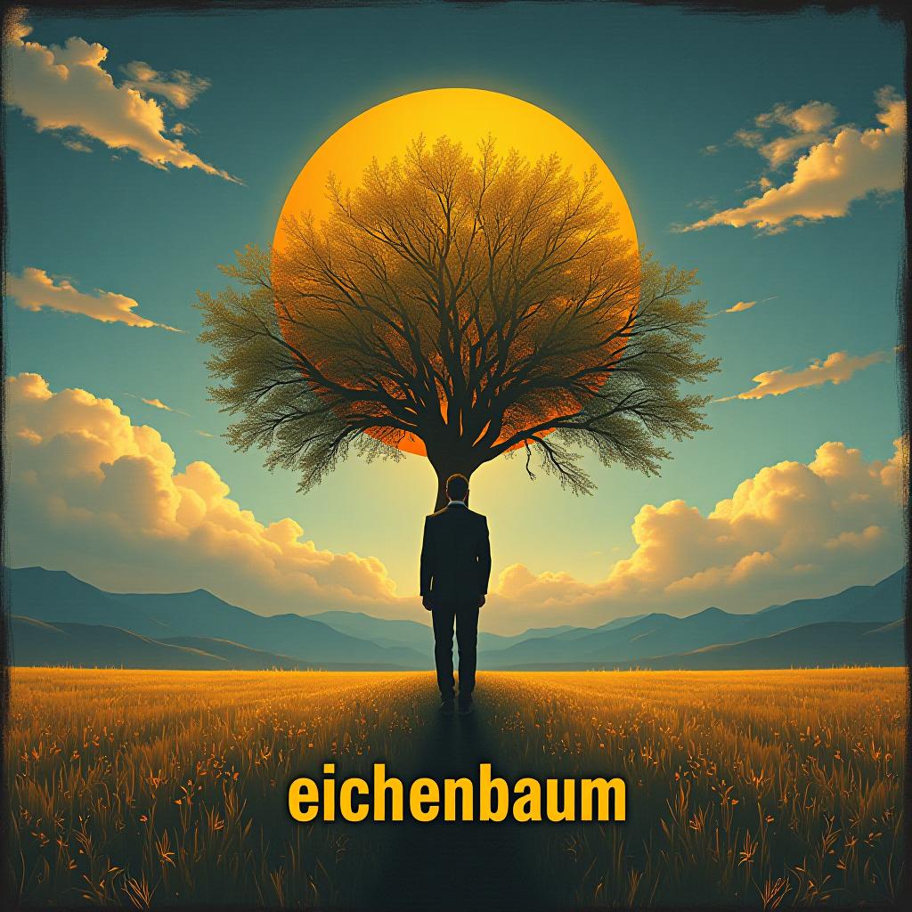  design a logo, in a surrealism style. muskel mann unter einem eichenbaum im sonnenaufgang , with the text '„eichenbaum“ in alter deutscher schrift '.