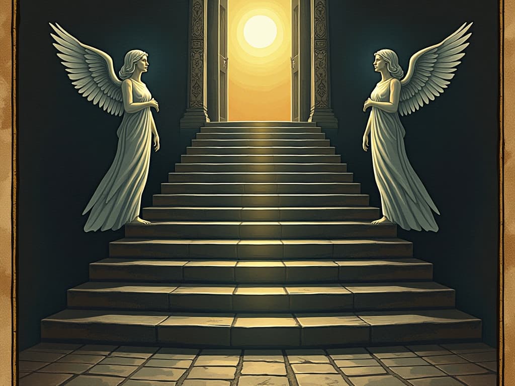  stairway to a celestial gate, each step glowing with divine energy, ethereal guardians at the sides, protective and guiding presence, celestial alignment, ascension, inner discovery, destined rise. an illustration in the style of a worn, mystical old tarot trump card, mysterious and elements of surrealism. the colors are muted, somber and eerie, but with contrast bring out an occult and esoteric vibe.