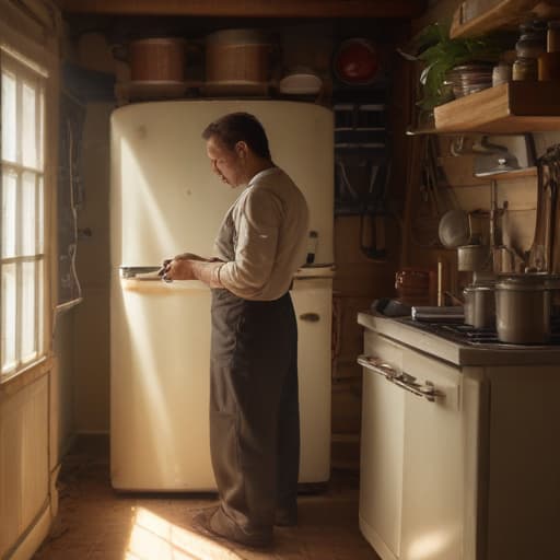 A photo of a skilled technician repairing a vintage refrigerator in a cozy kitchen during the afternoon with soft, golden natural lighting streaming through a nearby window, casting warm shadows across the workshop tools and the appliance's intricate inner workings.