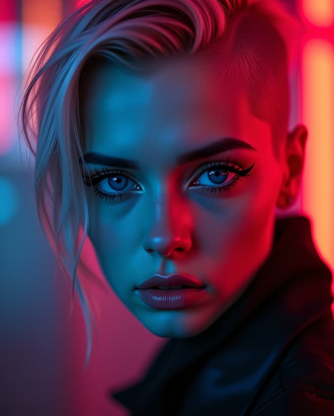  ultra realistic close up portrait ((beautiful pale cyberpunk female with heavy black eyeliner)), blue eyes, shaved side haircut, hyper detail, cinematic lighting, magic neon, dark red city, canon eos r3, nikon, f/1.4, iso 200, 1/160s, 8k, raw, unedited, symmetrical balance, in frame, 8k hyperrealistic, full body, detailed clothing, highly detailed, cinematic lighting, stunningly beautiful, intricate, sharp focus, f/1. 8, 85mm, (centered image composition), (professionally color graded), ((bright soft diffused light)), volumetric fog, trending on instagram, trending on tumblr, HDR 4K, 8K