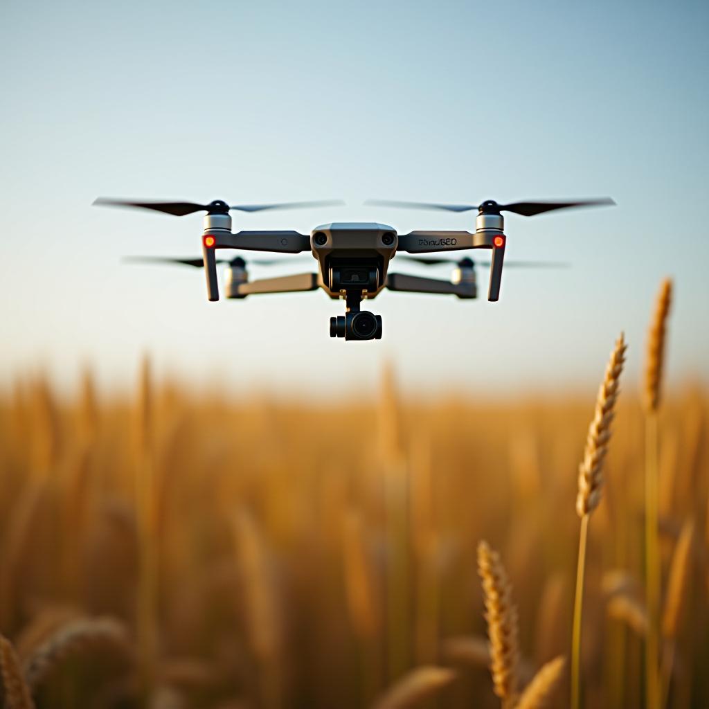  the drone is flying over the wheat fields.