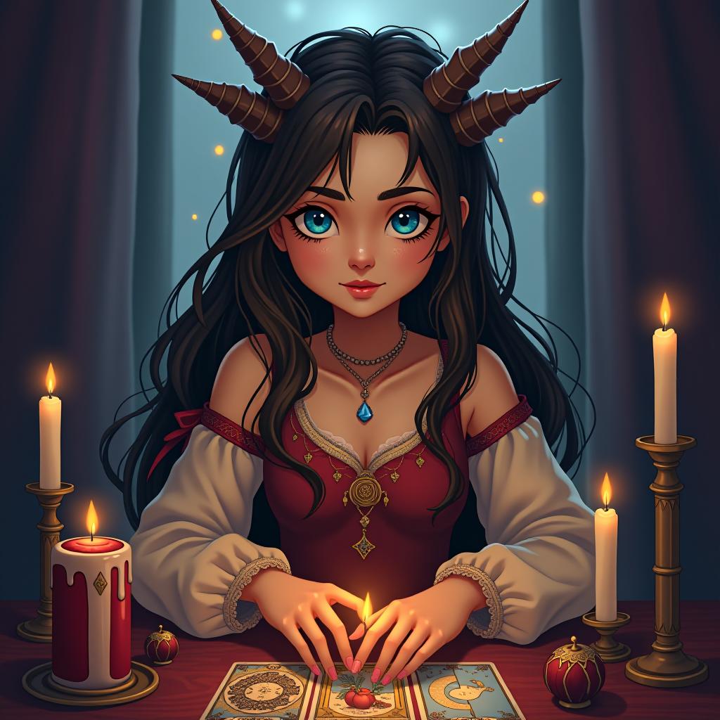  a brunette girl with long hair, chubby and blue eyes, in a magical setting with tarot cards and candles.