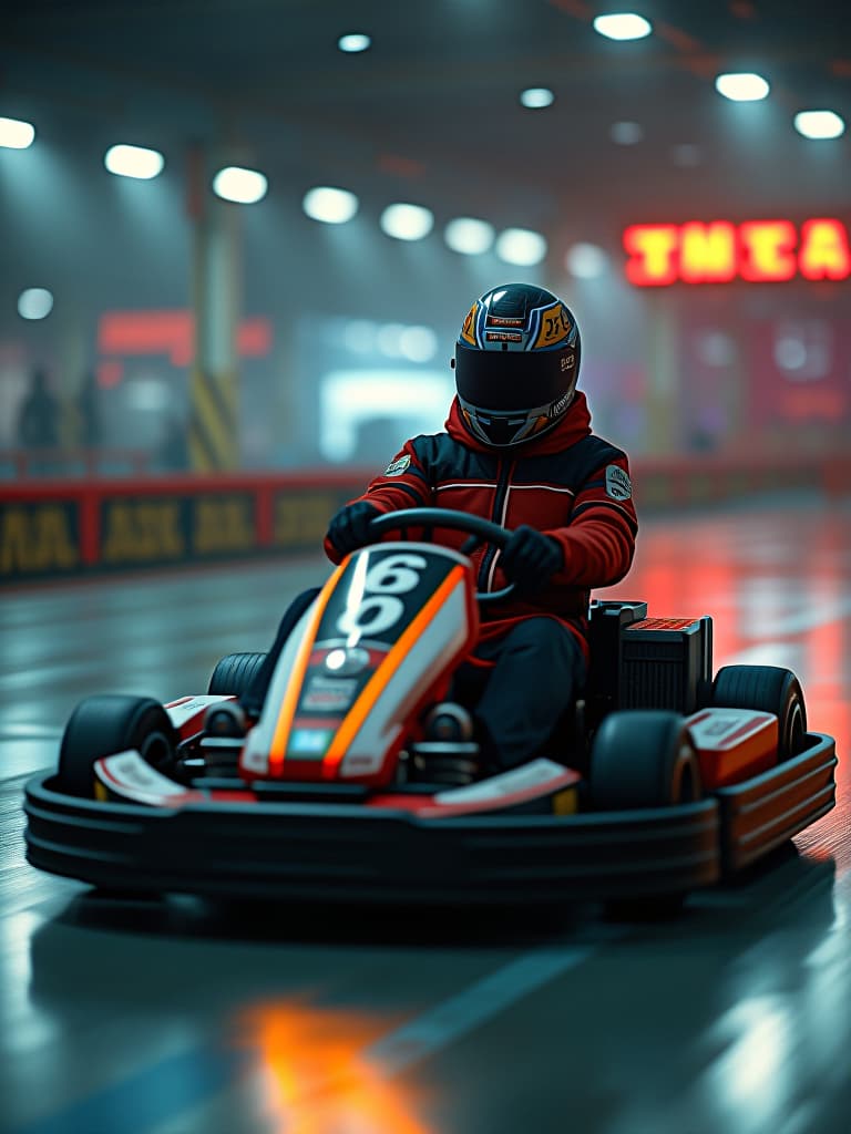  website, indoor go carting, website design hyperrealistic, full body, detailed clothing, highly detailed, cinematic lighting, stunningly beautiful, intricate, sharp focus, f/1. 8, 85mm, (centered image composition), (professionally color graded), ((bright soft diffused light)), volumetric fog, trending on instagram, trending on tumblr, HDR 4K, 8K