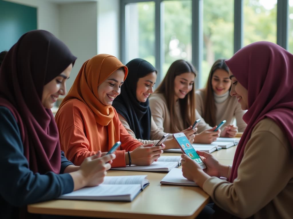  "a group of pakistani college female students sitting together in a modern classroom, each with their arvo books and smartphones. they are actively playing interactive video games linked to their chapters, accessed by scanning the qr codes from the arvo books. the students are smiling and engaged, enjoying the new way of learning. the phones show bright, educational game graphics related to their lessons, making memorization fun and interactive. the room is filled with natural light, and the atmosphere is lively, with the students happily discussing the game as they learn." hyperrealistic, full body, detailed clothing, highly detailed, cinematic lighting, stunningly beautiful, intricate, sharp focus, f/1. 8, 85mm, (centered image composition), (professionally color graded), ((bright soft diffused light)), volumetric fog, trending on instagram, trending on tumblr, HDR 4K, 8K