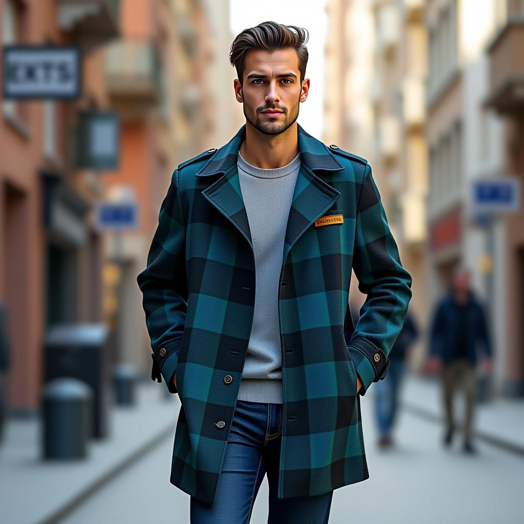  create a high quality image of a full body man wearing a plaid trench coat in a realistic casual street scene. the coat should have a cotton polyester blend fabric with a smooth finish, medium weight, and a tailored fit. it should feature long sleeves, a straight hem, a stand collar, zipper closure, and elbow patches. the coat should prominently exhibit the plaid design in blue (rgb(20,4,246)) and green (rgb(202,242,2)) colors, and include a patch logo.