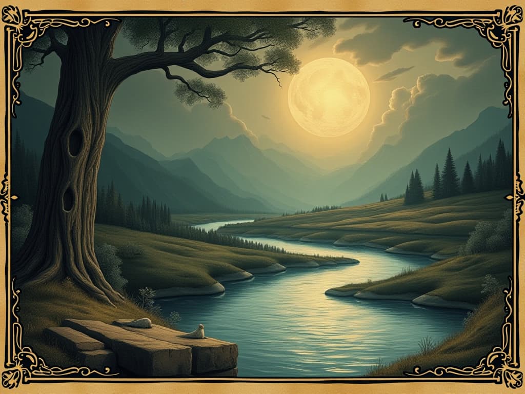  flow of wisdom and enlightenment, radiant light, gentle streams, serene landscapes, pure and untainted. an illustration in the style of a worn, mystical old tarot trump card, mysterious and elements of surrealism. the colors are muted, somber and eerie, but with contrast bring out an occult and esoteric vibe.