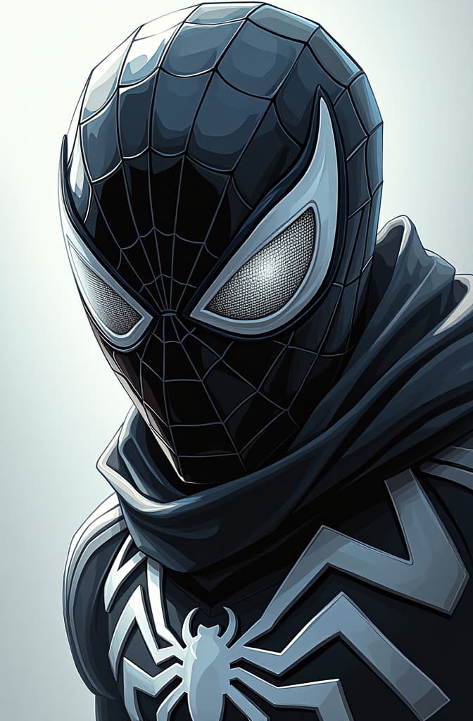  spiderman con blanco y negro con el estilo de anti venom , spiderman, marvel comic panel, comic panel, manga and manhwa style panel, portrait, young person face, spiderverse style, style for marvel comic, anime comic panel style hyperrealistic, full body, detailed clothing, highly detailed, cinematic lighting, stunningly beautiful, intricate, sharp focus, f/1. 8, 85mm, (centered image composition), (professionally color graded), ((bright soft diffused light)), volumetric fog, trending on instagram, trending on tumblr, HDR 4K, 8K