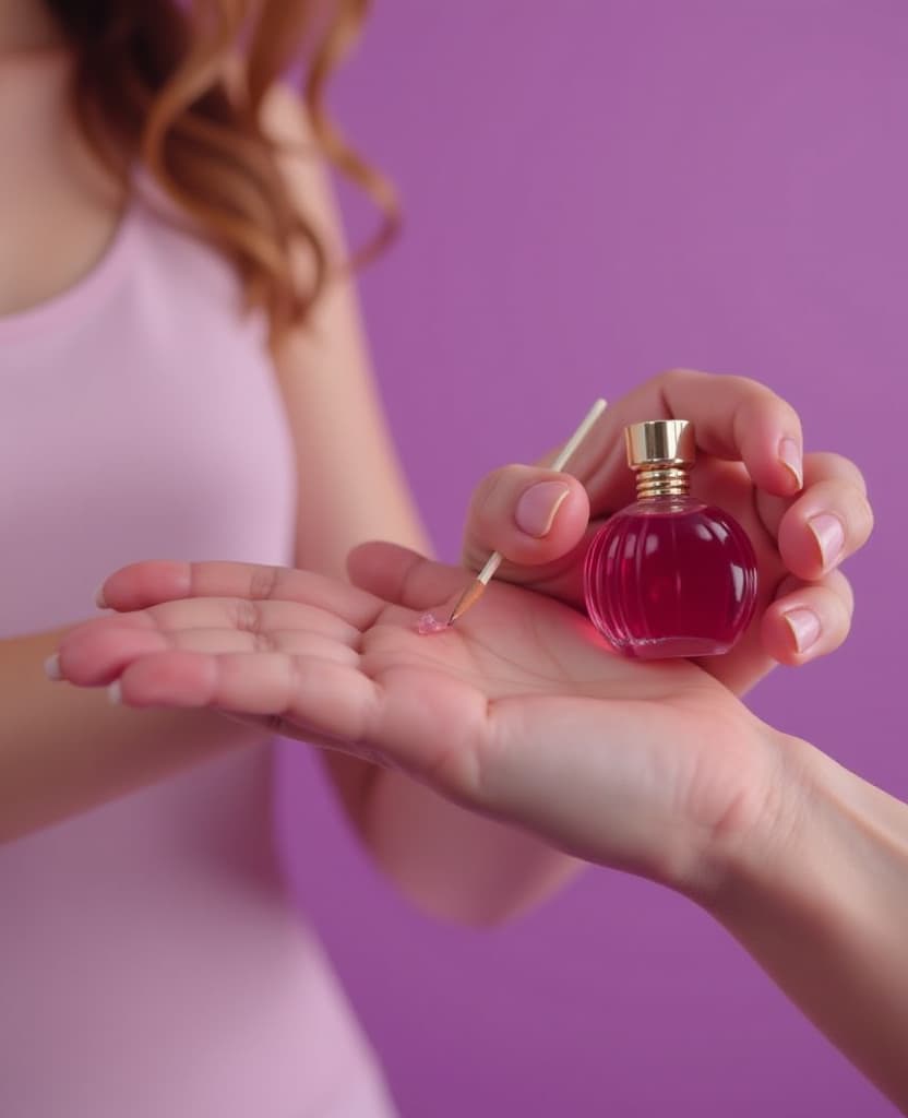  hdr photo of a woman applies a small amount of perfume on her wrist, hands, small pencil, applique, close up, on a lilac background . high dynamic range, vivid, rich details, clear shadows and highlights, realistic, intense, enhanced contrast, highly detailed