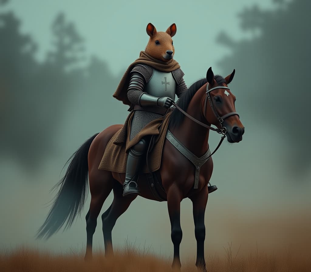  knight on horseback in armor of the horseman of the commonwealth with the head of a capybara hyperrealistic, full body, detailed clothing, highly detailed, cinematic lighting, stunningly beautiful, intricate, sharp focus, f/1. 8, 85mm, (centered image composition), (professionally color graded), ((bright soft diffused light)), volumetric fog, trending on instagram, trending on tumblr, HDR 4K, 8K