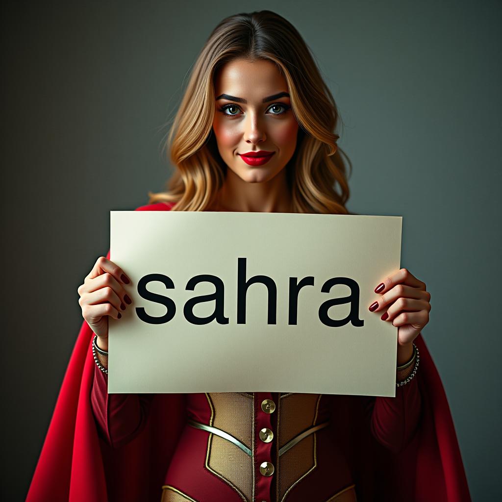  super woman that holds a paper with this letter: "sahra" hyperrealistic, full body, detailed clothing, highly detailed, cinematic lighting, stunningly beautiful, intricate, sharp focus, f/1. 8, 85mm, (centered image composition), (professionally color graded), ((bright soft diffused light)), volumetric fog, trending on instagram, trending on tumblr, HDR 4K, 8K