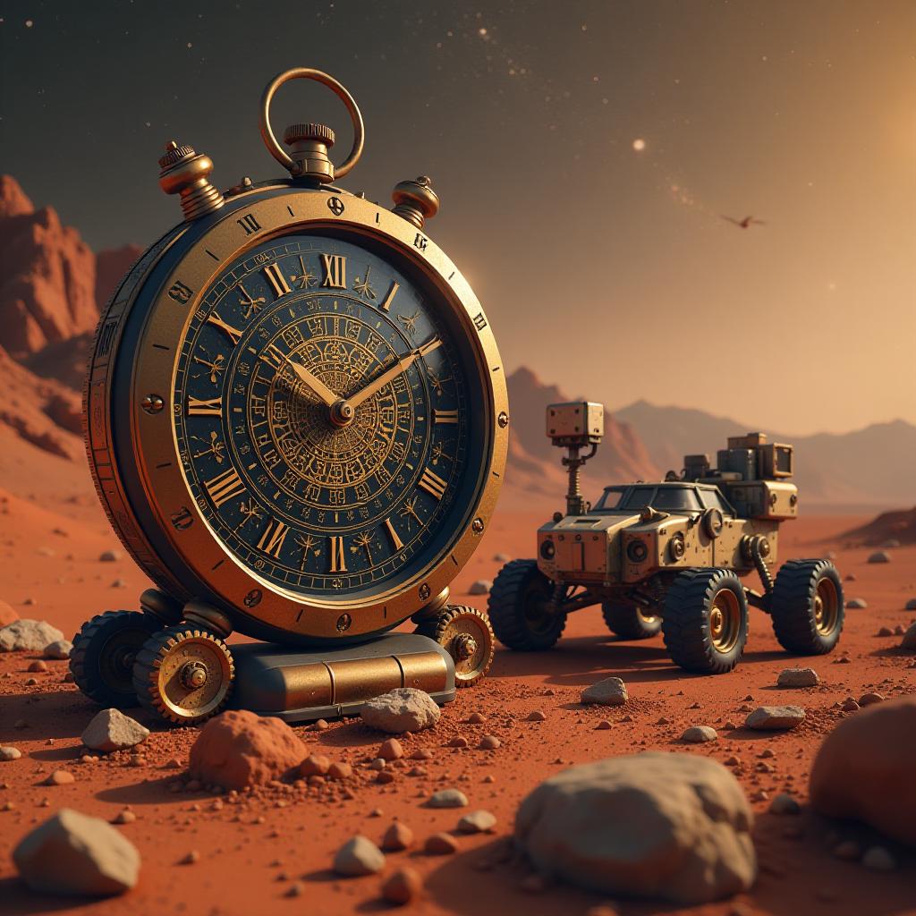  a zoomed out view of a clock on the surface of mars, blending futuristic elements of a mars rover beside it. the clock is intricately designed with celestial patterns, while the rover showcases advanced technology and rugged features adapted for the martian terrain. in the background, a vast martian landscape unfolds with red rocky formations and a starry deep space sky, emphasizing the contrast between the mechanical precision of the clock and rover against the raw, natural beauty of the martian environment.