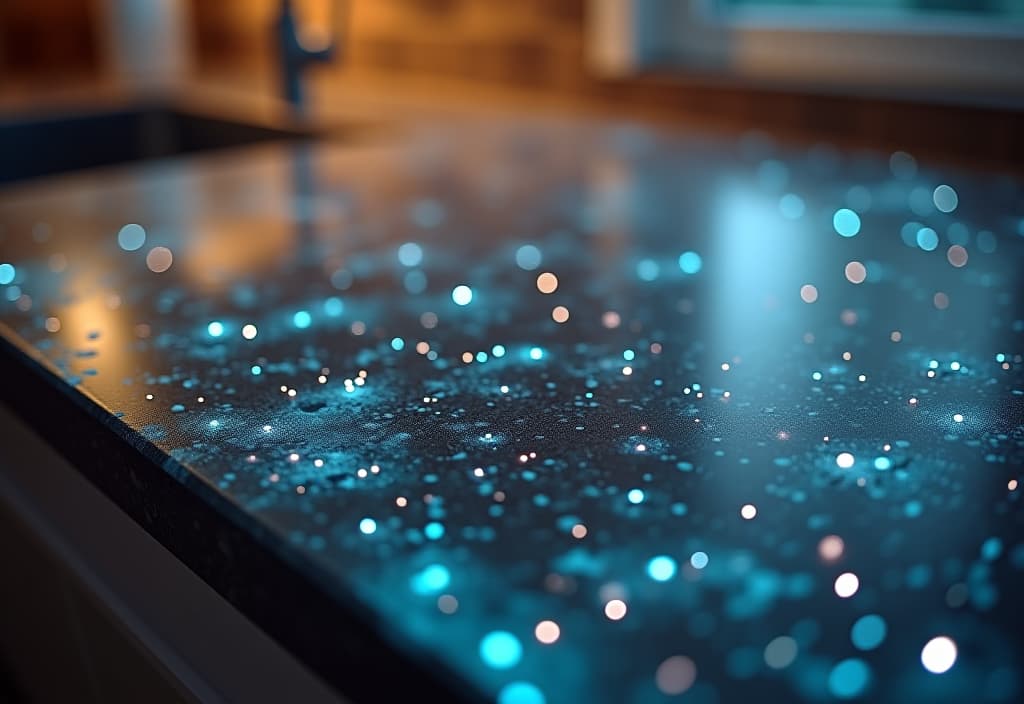  a landscape photo of a close up view of a textured concrete countertop with embedded glass fragments, creating a galaxy like appearance, illuminated by under cabinet led lighting hyperrealistic, full body, detailed clothing, highly detailed, cinematic lighting, stunningly beautiful, intricate, sharp focus, f/1. 8, 85mm, (centered image composition), (professionally color graded), ((bright soft diffused light)), volumetric fog, trending on instagram, trending on tumblr, HDR 4K, 8K