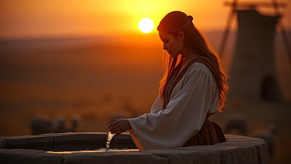  history of biblical times, a beautiful ancient scene of rachel at a well, pouring water for her father's sheep, with a sunset illuminating her beauty. hyperrealistic, full body, detailed clothing, highly detailed, cinematic lighting, stunningly beautiful, intricate, sharp focus, f/1. 8, 85mm, (centered image composition), (professionally color graded), ((bright soft diffused light)), volumetric fog, trending on instagram, trending on tumblr, HDR 4K, 8K