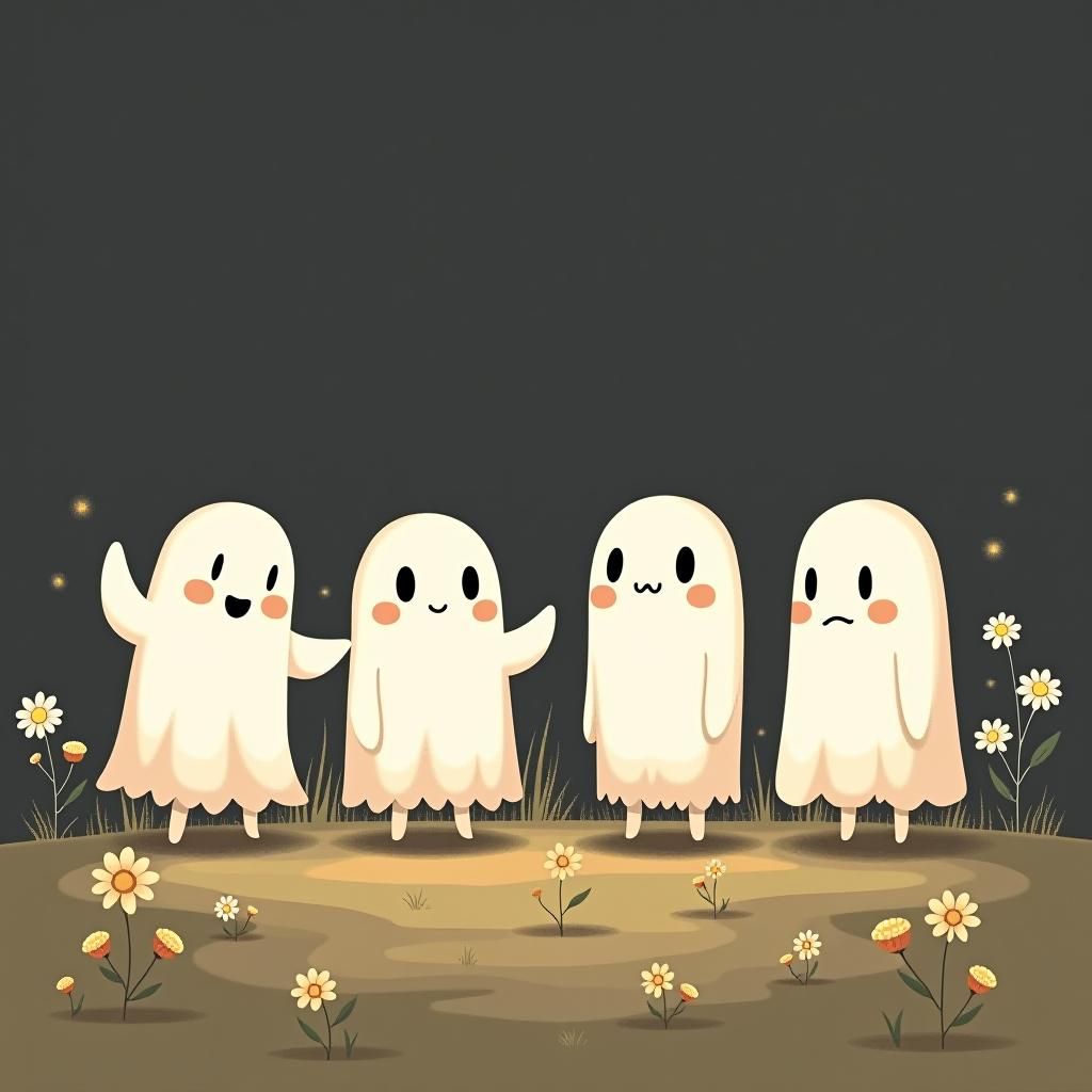  create a digital illustration featuring a row of four or five cute, cartoonish ghost characters, each with a different appearance, standing in different positions within sparse, life like wildflowers.