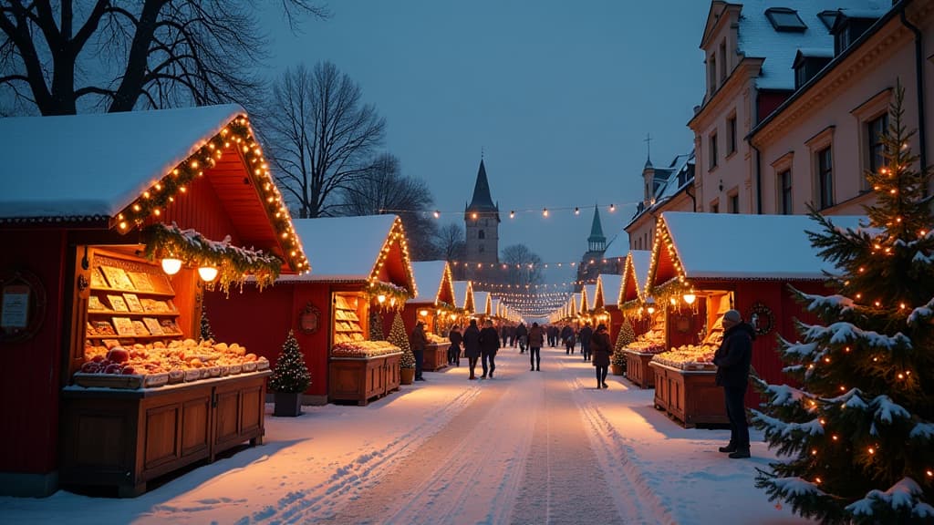  christmas market in the czech republic, snowing, lights, ar 16:9 {prompt}, maximum details