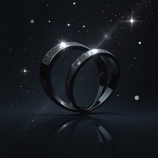  create an image with the following specifications: main subject: description: two intertwined black diamond rings symbolizing eternal love. style: minimalist and elegant vector design. setting: location: abstract background representing the cosmos. composition: framing: centered, with the rings forming a heart shape. style: art movement: modern minimalism. technique: clean vector lines and shapes. atmosphere: mood: romantic and mysterious. color palette: dominant colors: deep black, shades of gray, subtle white highlights. mood: elegant and sophisticated. details: foreground: two interlocking black diamond rings with subtle sparkle. background: simplified star like patterns suggesting the vastness of space. technical specs: aspect r hyperrealistic, full body, detailed clothing, highly detailed, cinematic lighting, stunningly beautiful, intricate, sharp focus, f/1. 8, 85mm, (centered image composition), (professionally color graded), ((bright soft diffused light)), volumetric fog, trending on instagram, trending on tumblr, HDR 4K, 8K