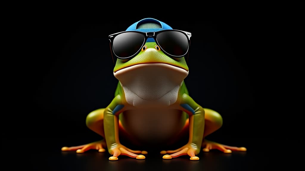  frog wearing blue backward cap and sunglass sitting against a black background