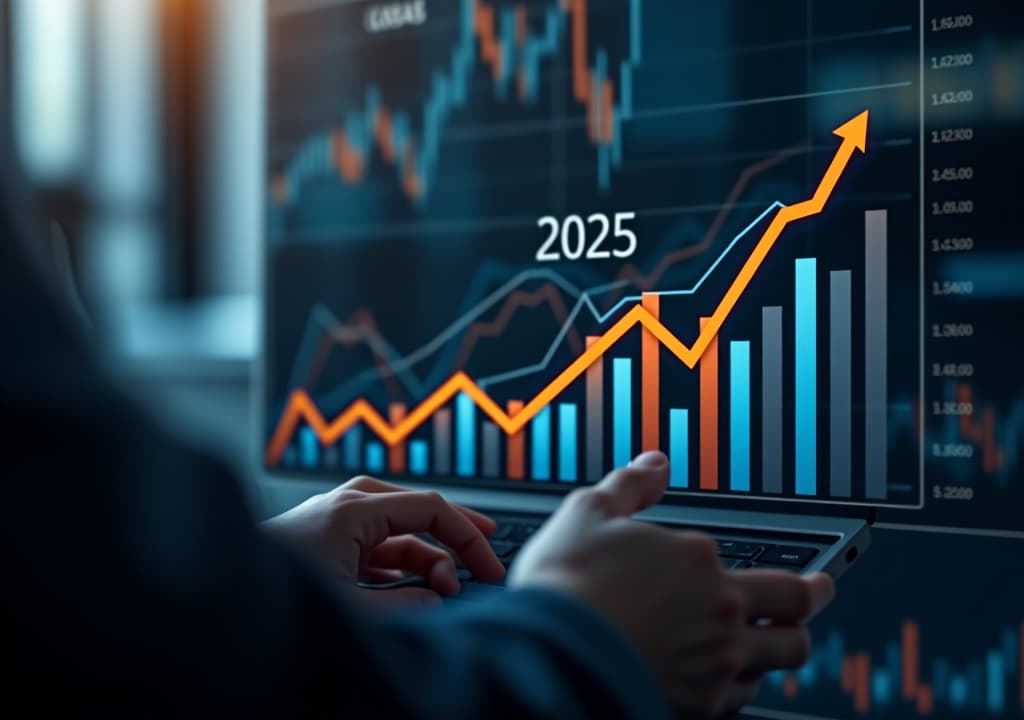  the 2025 new year business goals concept. businessman analyzes graph of trend market growth in 2025 and plans business growth and profit increases. calculates financial data for long term investments.