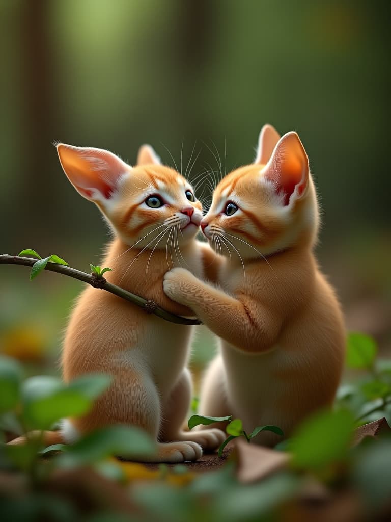  the orange kitten ran to the rabbit, whose leg was tangled in the vine. using its agile paws, the orange kitten bit through the vine. photo realistic, highly intricate and detailed, masterpiece, ultra high res,photography,8k resolution