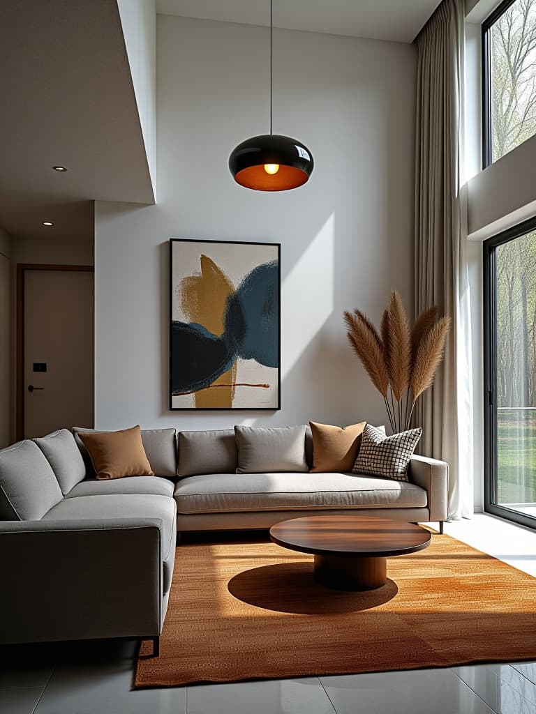  high quality portrait photo of a sleek, minimalist living room with floor to ceiling windows, featuring a mid century modern sofa, abstract art, and a statement pendant light hyperrealistic, full body, detailed clothing, highly detailed, cinematic lighting, stunningly beautiful, intricate, sharp focus, f/1. 8, 85mm, (centered image composition), (professionally color graded), ((bright soft diffused light)), volumetric fog, trending on instagram, trending on tumblr, HDR 4K, 8K