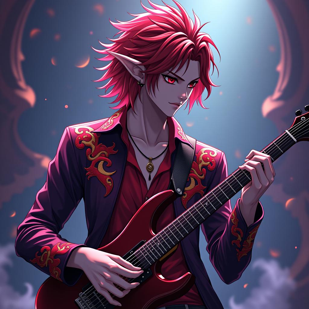  manga style dark elf is a male rock performer with a guitar in both hands marble white skin, scarlet hair, lavender eyes with a red tint, dressed in a red purple shirt embroidered with red gold, over the shirt he wears a semi jacket with a dark scarlet snake skin trim, hairstyle in the style of "hedgehog." there is an earring in the shape of a month in the right ear. crescent moon tattoo . vibrant, high energy, detailed, iconic, japanese comic style hyperrealistic, full body, detailed clothing, highly detailed, cinematic lighting, stunningly beautiful, intricate, sharp focus, f/1. 8, 85mm, (centered image composition), (professionally color graded), ((bright soft diffused light)), volumetric fog, trending on instagram, trending on tumblr, HDR 4K, 8K