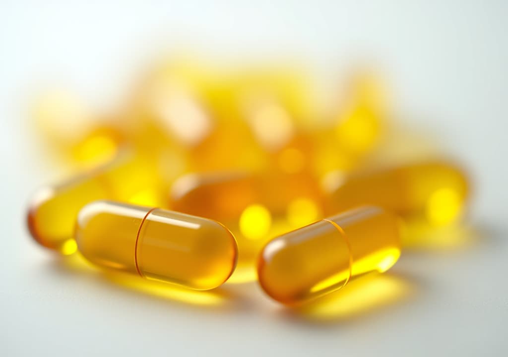  detailed view of omega 3 capsules with fish oil, immune system support, bright background