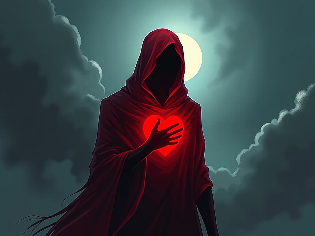  red figure, hand over heart, looking at a bright sky, mood of mindfulness about actions and decisions. the style is digital art illustration / modern comic book / graphic dark novel fantasy and mysterious occult, symbolic, moody lighting, esoteric vibe,high detail on character design. for the color scheme emphasize blacks and reds.