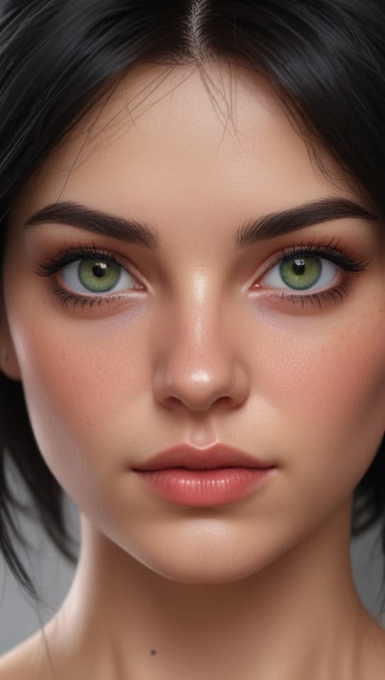 shoulder length dark hair with s, beautiful, , green eyes, 5 feet 4 inches tall, 105 lbs, trending on art station, (detailed face), ((upper body)), (front view),(masterpiece:1.4),(photorealistic:1.4),(high resolution),(exquisitely detailed),(beautiful detailed light),(ultra_color),(perfect anatomy),best quality,ultra high definition,(cinematic light),<lora:ClothingAdjuster3:-0.5>