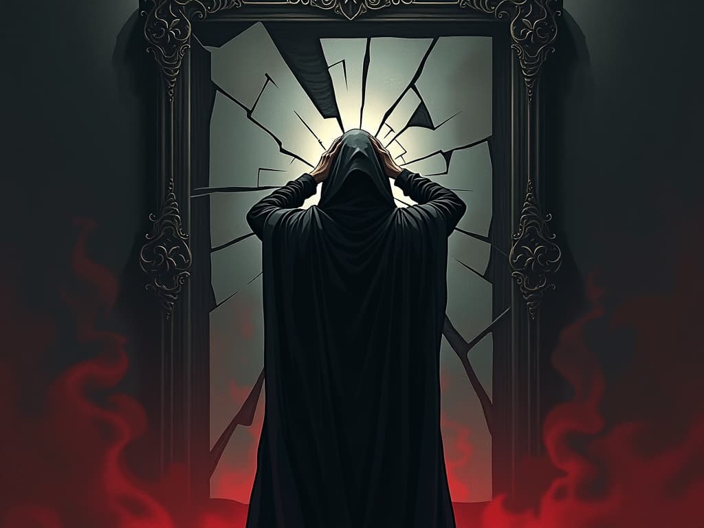  a cloaked figure standing before a shattered mirror, chaotic reflections, grasping their head, sense of disarray, internal conflict, gloom. the style is dark fantasy and mysterious occult, symbolic, moody lighting, esoteric vibe,high detail on character design. for the color scheme emphasize blacks and reds.