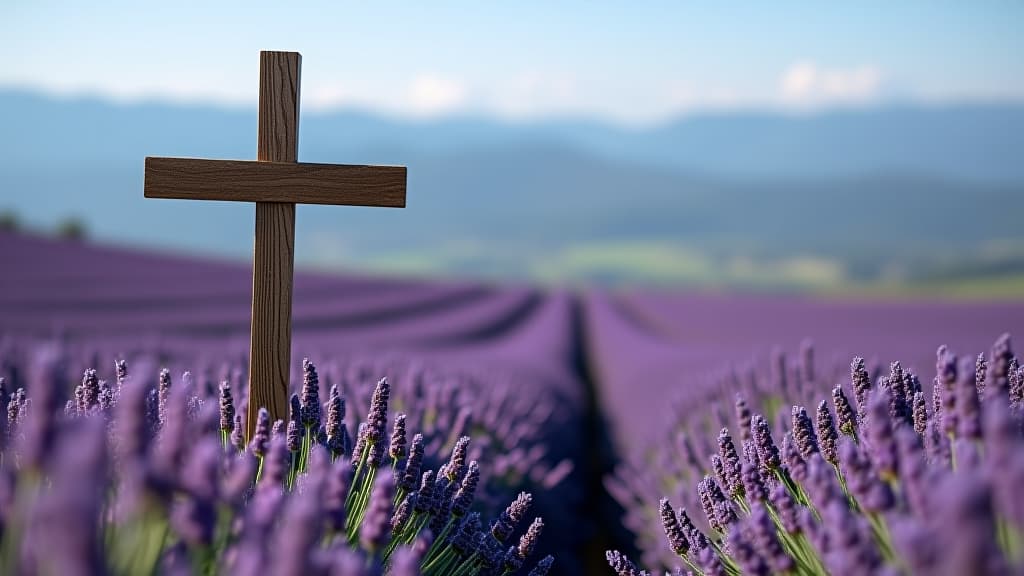  wooden cross in a lavender field with mountains in the background