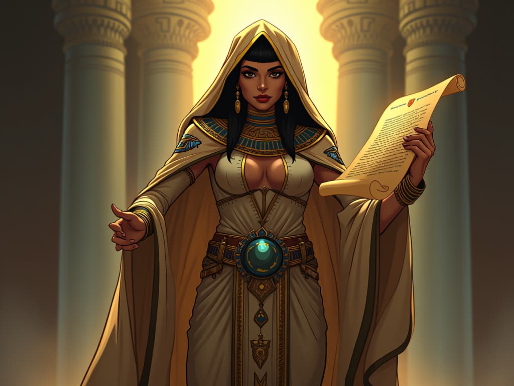  a large busted priestess in a form fitting gown, holding an illuminated scroll, divine light shining, atmosphere of guiding wisdom. the style is digital art illustration / modern comic book / mysterious occult, symbolic, esoteric vibe,high detail on character design, incorporating ancient egyptian symbology and attire.