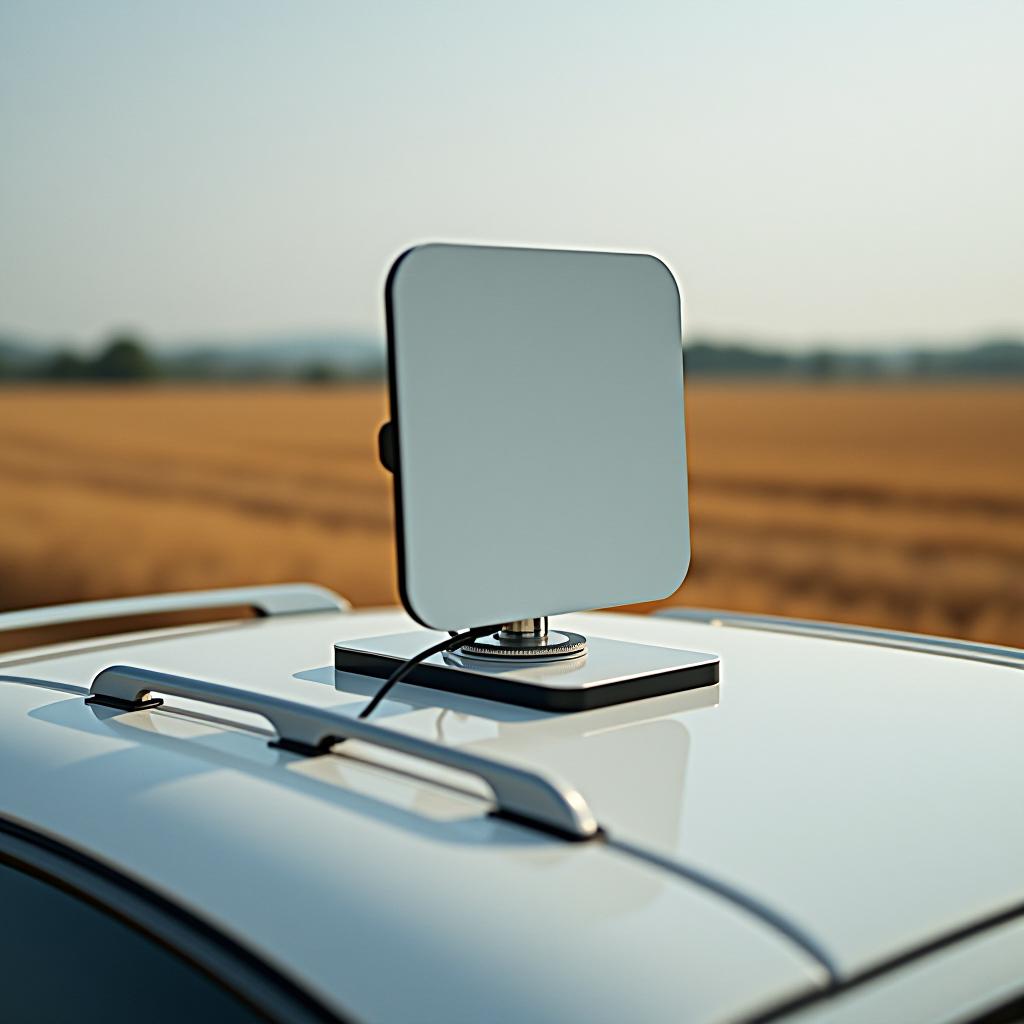  a large white square geodetic gnss receiver on the hood of a car in wheat fields.