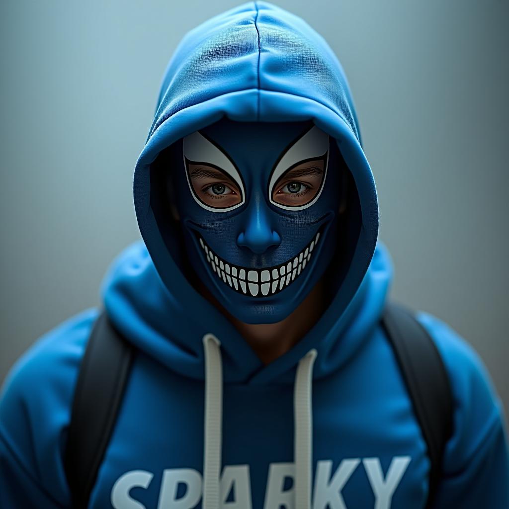  white man with a cool mask on his face with a blue hoodie with sparky written on hoodie hyperrealistic, full body, detailed clothing, highly detailed, cinematic lighting, stunningly beautiful, intricate, sharp focus, f/1. 8, 85mm, (centered image composition), (professionally color graded), ((bright soft diffused light)), volumetric fog, trending on instagram, trending on tumblr, HDR 4K, 8K