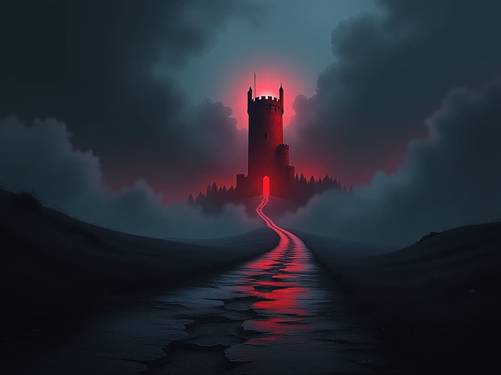  worn path leading to a solitary red tower, encircling dark clouds, atmosphere of self imposed exile. the style is digital art illustration / modern comic book / graphic dark novel fantasy and mysterious occult, symbolic, moody lighting, esoteric vibe,high detail on character design. for the color scheme emphasize blacks and reds.