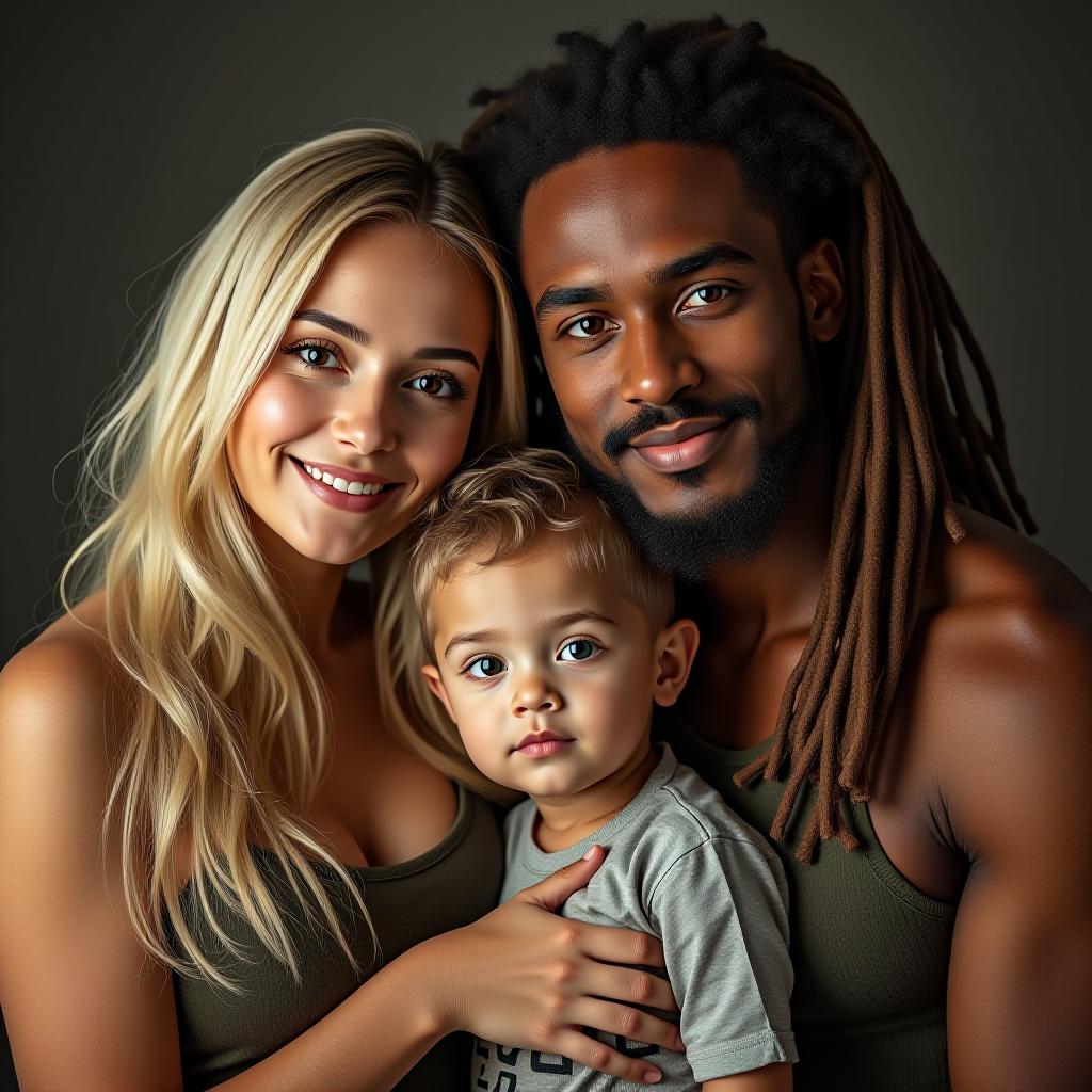  make an image of a blonde woman and man with long dreads and their son