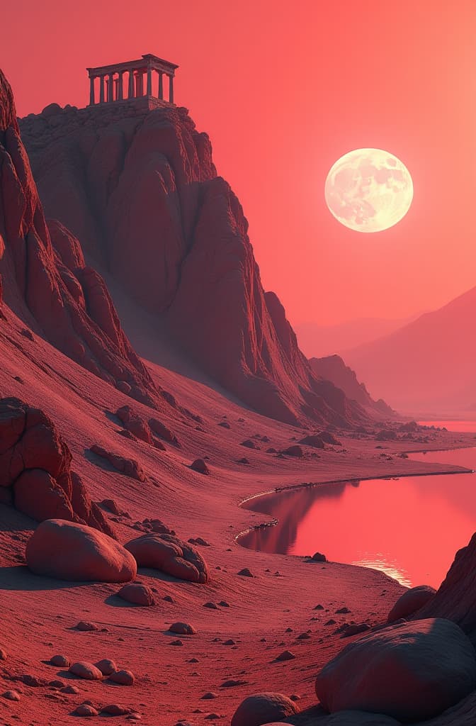  a panoramic shot of an alien landscape with a thick red atmosphere featuring a steep slope with greek ruins at the top. on the other side is a shallow nearly dried up lake, with more ruins. the slope is thickly covered in translucent weathered stones in different sizes, shapes and colors. hyperrealistic, full body, detailed clothing, highly detailed, cinematic lighting, stunningly beautiful, intricate, sharp focus, f/1. 8, 85mm, (centered image composition), (professionally color graded), ((bright soft diffused light)), volumetric fog, trending on instagram, trending on tumblr, HDR 4K, 8K