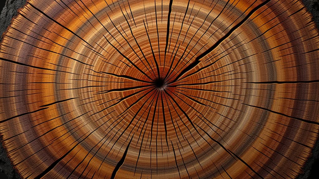  old wooden oak tree cut surface detailed warm dark brown and orange tones of a felled tree trunk or stump rough organic texture of tree rings with close up of end grain