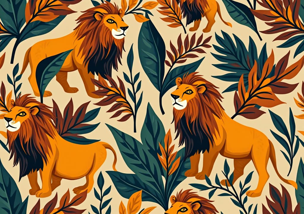  abstract seamless tile african themed pattern of a lions in amongst a background of leaves.