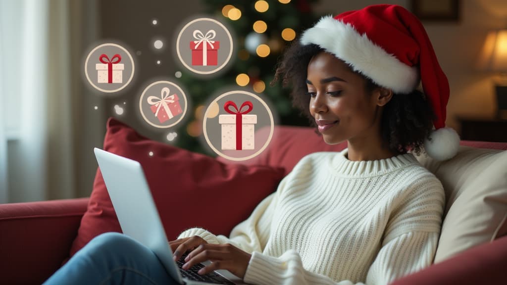  african american woman in white sweater and santa hat sitting on sofa with laptop, buying gifts online for relatives, big cartoon transparent drawn circles with gifts inside circles flying around her head , (natural skin texture), highly detailed face, depth of field, hyperrealism, soft light, muted colors