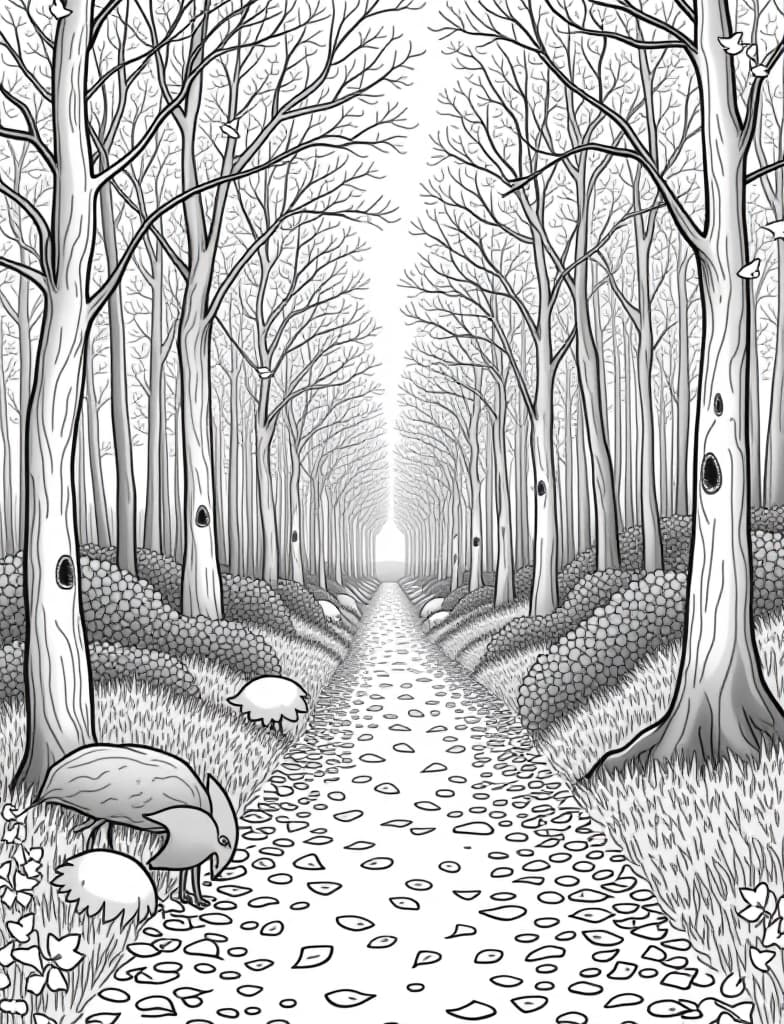  a woodland path covered in fallen leaves, black and white line art on a white background, for an adult coloring page.