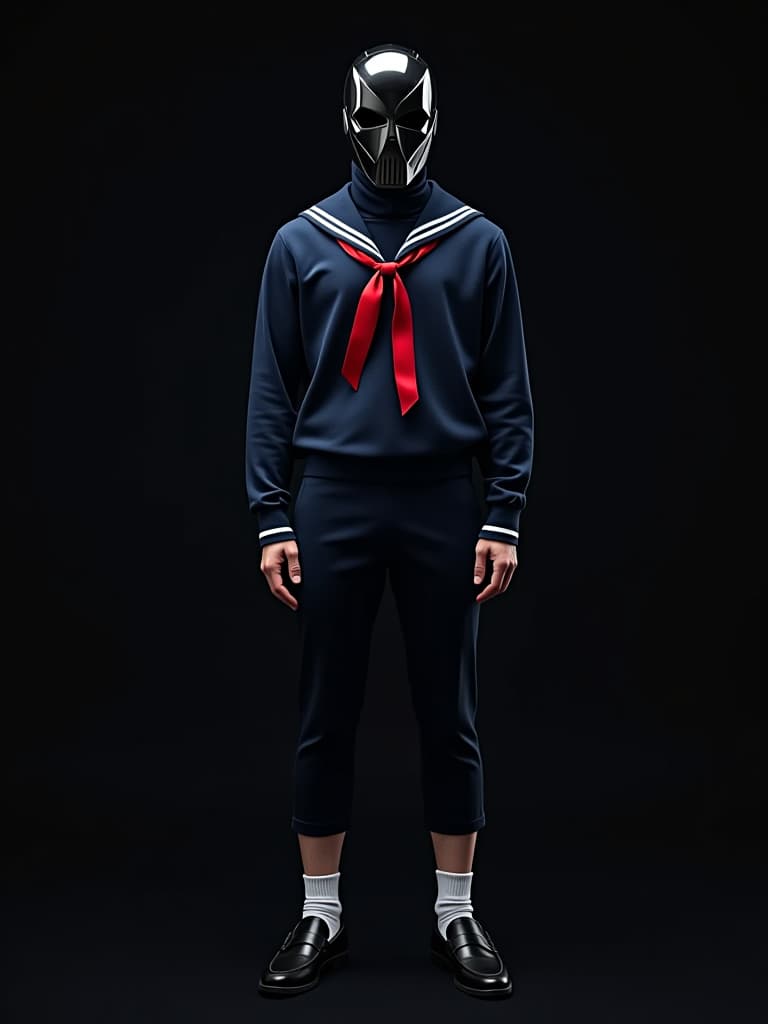  full body shot, live action, real photo, super high quality, full body shot of iron masked high . navy blue, sailor uniform with red ribbon, full face type black thinking iron mask encasing entire head, part of face visible only through eye and mouth vents, 6 head, slightly , rounded body, young healthy figure, long ankle length , white socks, black leather loafers, black background, remndt & back lighting, old movie style. ar 9:16 style raw sref https://s.mj.run/oq5pou7gxx0 personalize xvoa6wg stylize 1000 v 6.1 hyperrealistic, full body, detailed clothing, highly detailed, cinematic lighting, stunningly beautiful, intricate, sharp focus, f/1. 8, 85mm, (centered image composition), (professionally color graded), ((bright soft diffused light)), volumetric fog, trending on instagram, trending on tumblr, HDR 4K, 8K