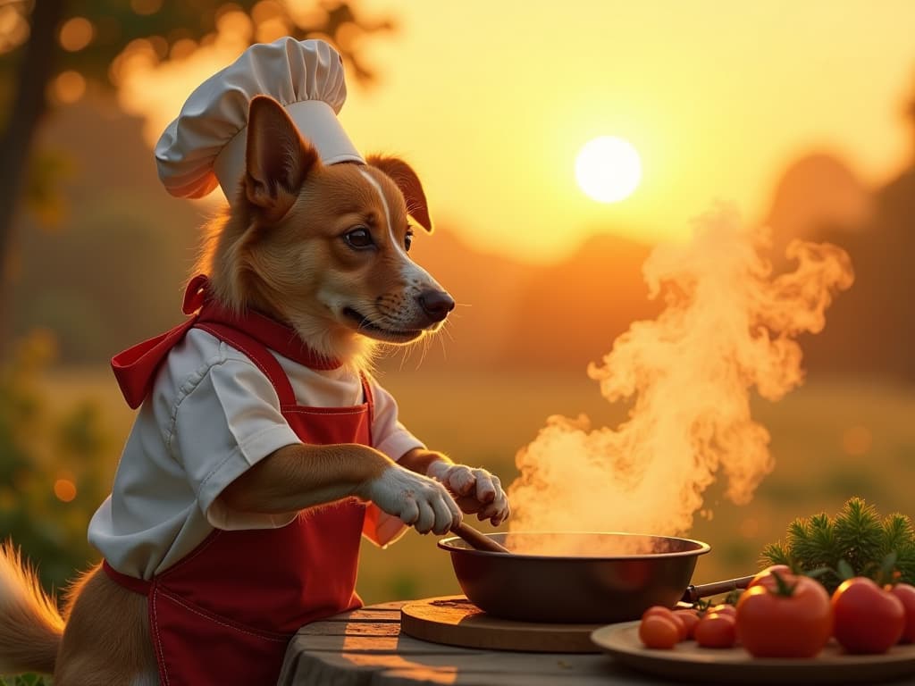  a landscape image featuring a cute dog dressed as a chef, cooking food outdoors during sunrise. the scene should have a warm, golden light from the rising sun. in the foreground, there's a nearby glass surface (like a window or mirror) with the text 'suprabhatam gaura' written on it, as if drawn by steam or condensation. the overall atmosphere should be cheerful and inviting, with the dog's culinary activities as the focal point set against the beautiful sunrise backdrop. hyperrealistic, full body, detailed clothing, highly detailed, cinematic lighting, stunningly beautiful, intricate, sharp focus, f/1. 8, 85mm, (centered image composition), (professionally color graded), ((bright soft diffused light)), volumetric fog, trending on instagram, trending on tumblr, HDR 4K, 8K