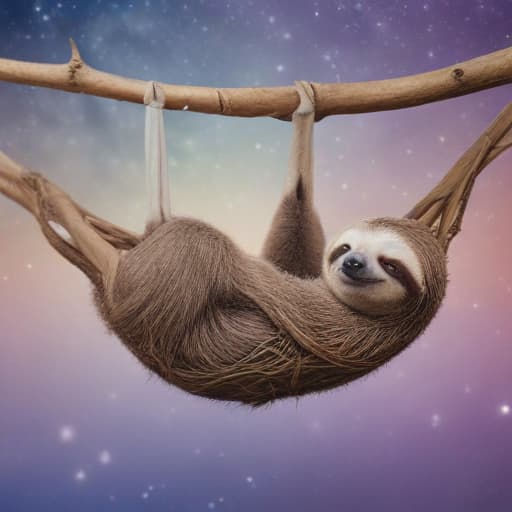 A sleepy sloth hanging from a fantastical, abstract tree branch. with Space background