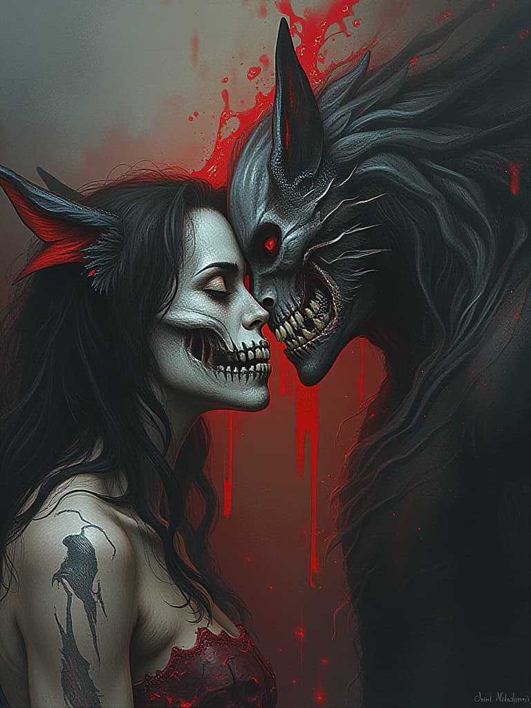  horror themed horror. demonology. thin, scary creature. a couple in love, a werewolf and a vampire. inside the bone muscle. grotesque. character. beautiful angle. wave. red streams. dark atmospheric. art. drawing with colored pencils. . eerie, unsettling, dark, spooky, suspenseful, grim, highly detailed