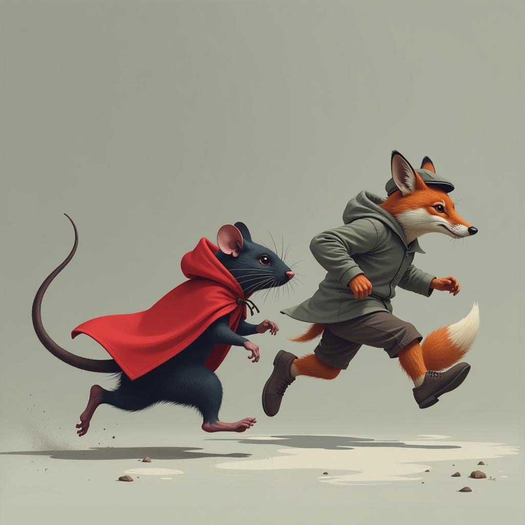  concept art gray background. vector image. a small black rat with a long thin tail in a red cape with a hood quickly escapes. a red fox in a grey cap chases a rat. . digital artwork, illustrative, painterly, matte painting, highly detailed