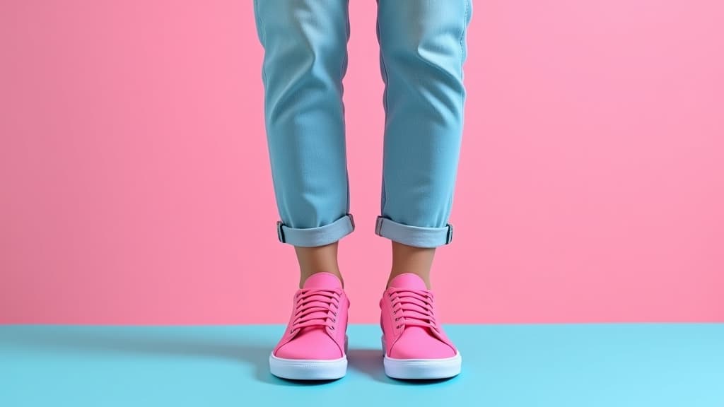  a pair of light blue jeans and bright pink sneakers stand out against a minimalist pastel pink and blue background