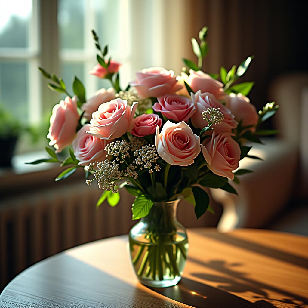  cinematic photo beautiful flowers bouqette in vase on table . 35mm photograph, film, bokeh, professional, 4k, highly detailed hyperrealistic, full body, detailed clothing, highly detailed, cinematic lighting, stunningly beautiful, intricate, sharp focus, f/1. 8, 85mm, (centered image composition), (professionally color graded), ((bright soft diffused light)), volumetric fog, trending on instagram, trending on tumblr, HDR 4K, 8K