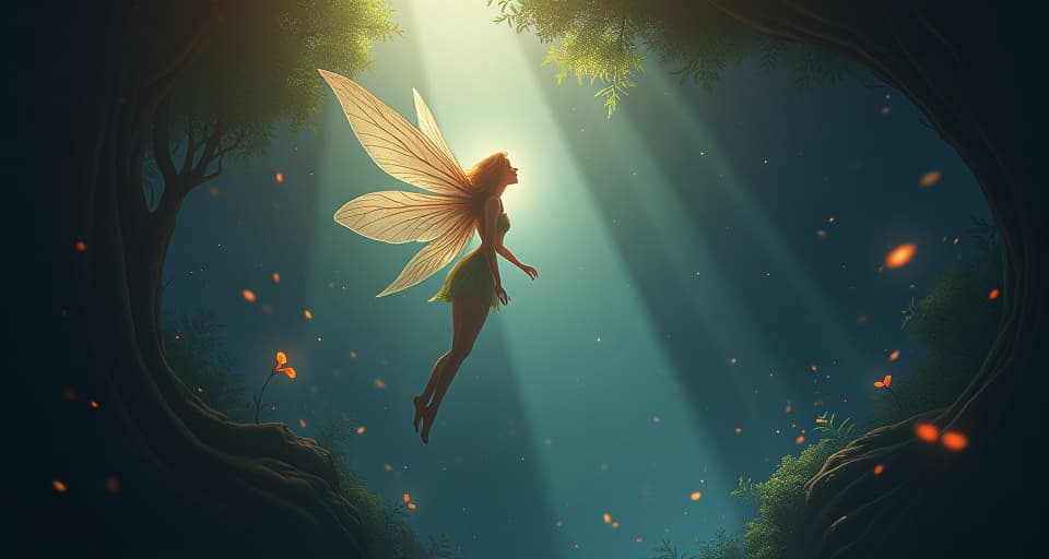  fairy hovering above, piercing gaze breaking through shadows. ethereal clarity, aura of revelation, illuminating light.. the style is digital art illustration,highly detailed, whimsical,magical, dreamlike atmosphere, realism and fantasy blend, smooth, glossy textures,luminous quality, wonder and enchantment.