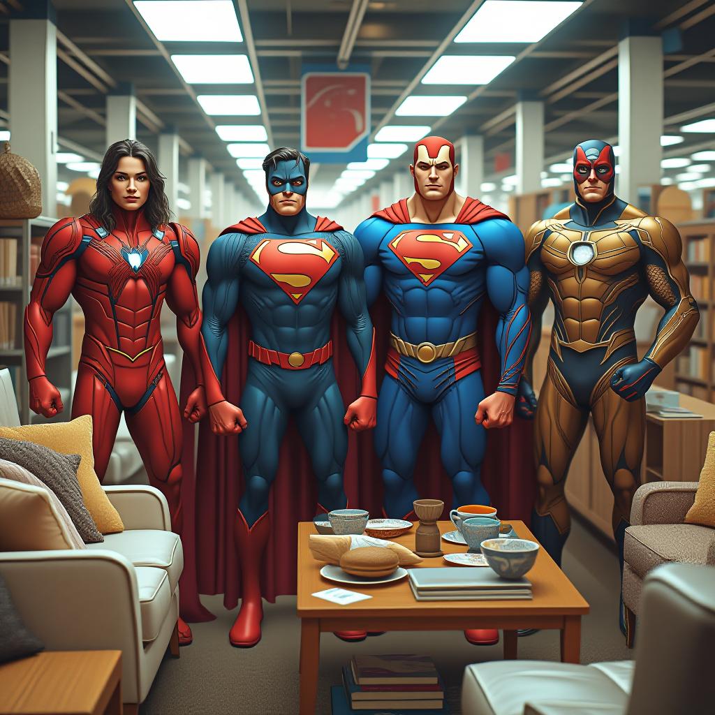  4 superheroes in a furniture store