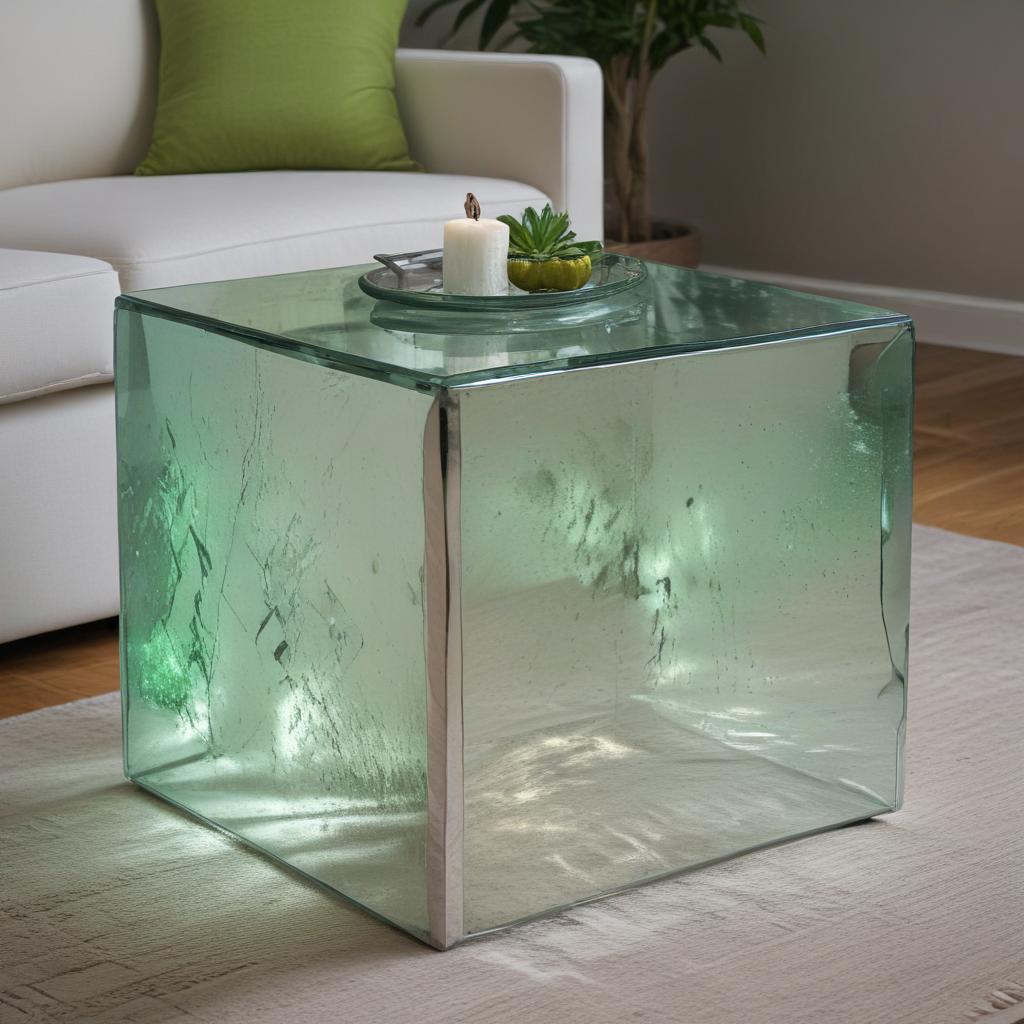 silver cube 20cm across with no opening glows with an ominous green shade a coffee table in the living room